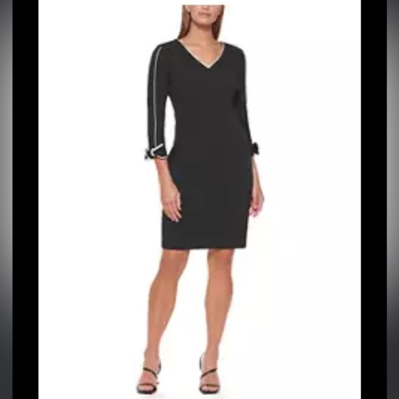 Calvin Klein Elegant Black Mini Dress 24W Women's V-Neck Solid Sheath Office - Picture 1 of 11